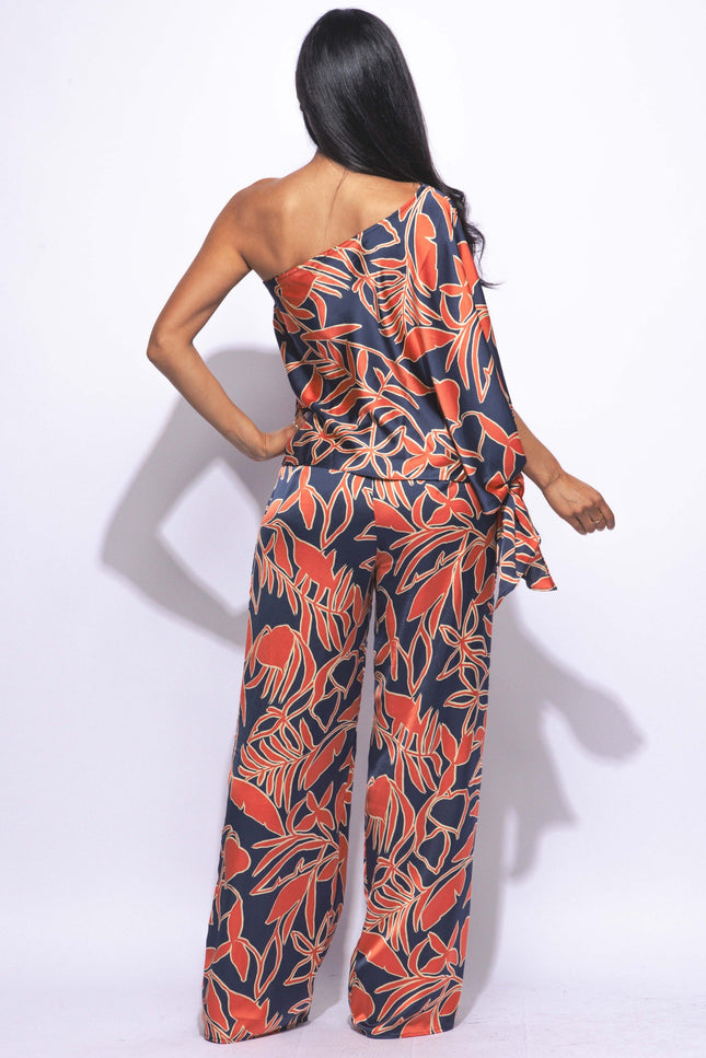 Satin one shoulder flowy set with wide leg pants - Muvin 