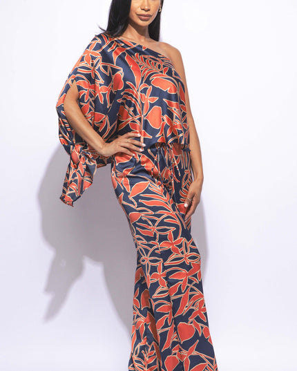 Satin one shoulder flowy set with wide leg pants - Muvin 