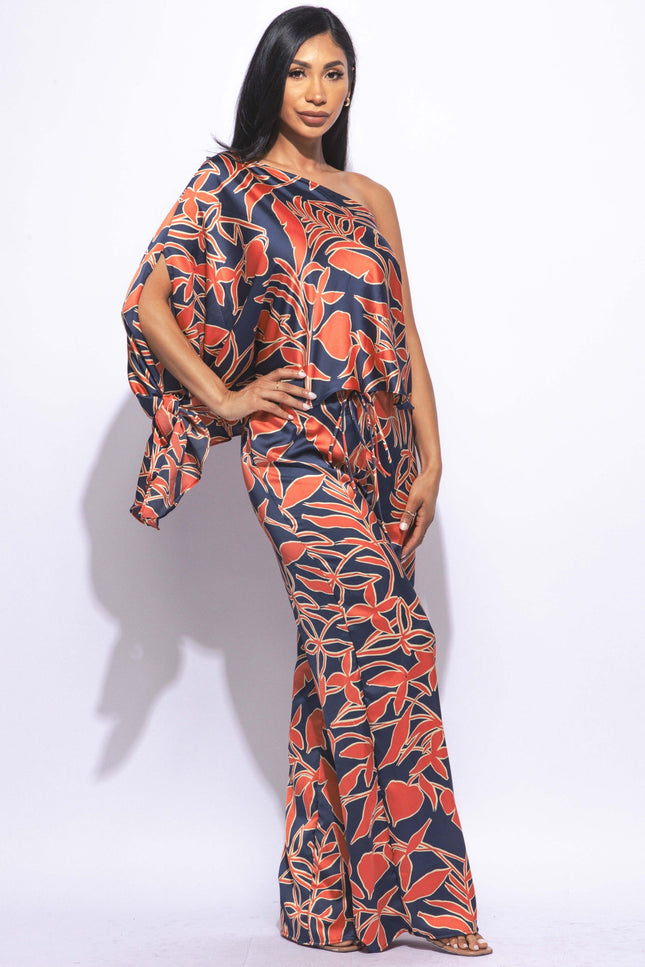 Satin one shoulder flowy set with wide leg pants - Muvin 