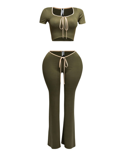 Front view of olive two-piece set with nude trim, featuring a scoop-neck crop top and high-waisted flared pants.