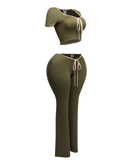 Side view of olive and nude trim two-piece set with a front tie crop top and flared high-waisted pants.