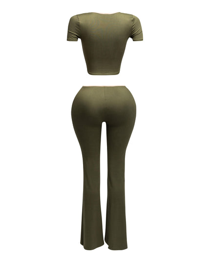 Back view of olive two-piece set with nude trim, showing a flattering fit with curve-hugging pants and cropped top.