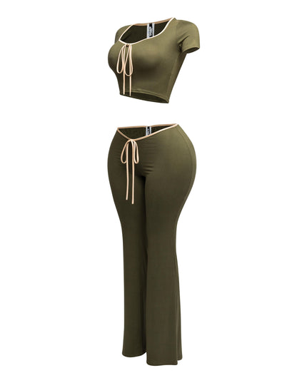 Side view of olive and nude trim two-piece set with a front tie crop top and flared high-waisted pants.