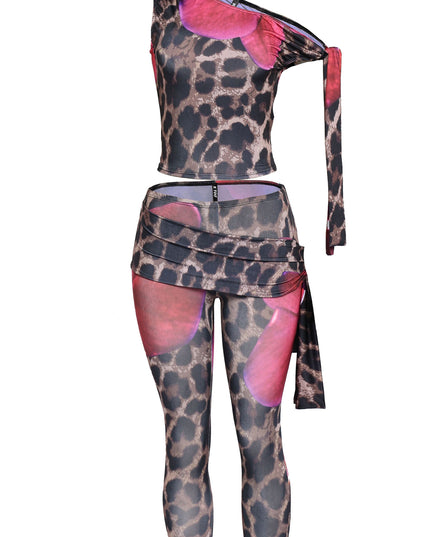Pink combo floral and leopard print matching set with side-tie details and body-hugging fit

