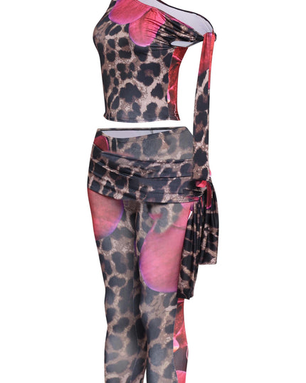 Feminine pink leopard flower set with bold mixed print and curve-hugging cropped top

