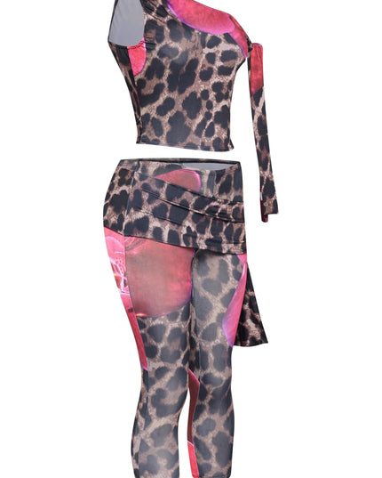 Back view of pink animal print 2-piece outfit with elastic waist and floral detail

