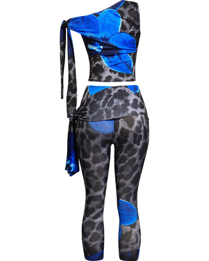 Rear view of blue leopard flower co-ord set with cap sleeves and ruched waistband

