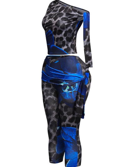 Blue combo floral leopard print set with asymmetrical sleeveless top and tie waist detail

