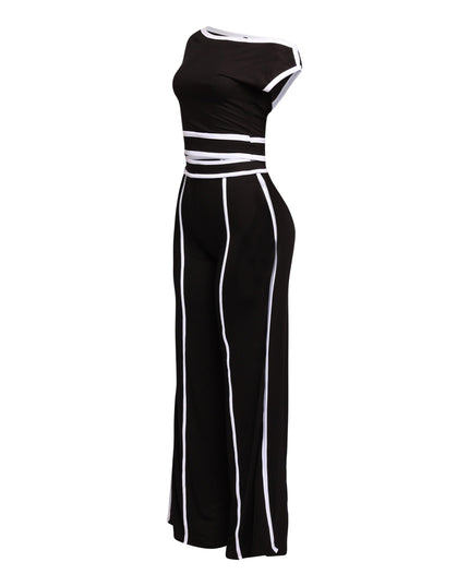 Trendy off-shoulder two-piece pant set with contrast paneling, ideal for night outs or fashion-forward events.