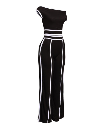 Stylish and comfortable color-block off-shoulder top and high-waisted wide-leg pant set, perfect for elevating your wardrobe.