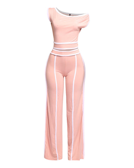 Soft pink off-shoulder pant set with chic white contrast trim, perfect for a feminine and trendy look.