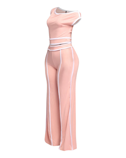 Flattering blush pink off-shoulder top and high-waisted wide-leg pant set with crisp white stripes for a modern, fashion-forward ensemble.