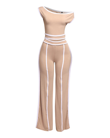 Neutral-toned off-shoulder pant set with sleek white contrast trim, ideal for minimalist yet bold fashion statements.