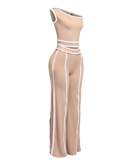 Trendy beige and white color-block two-piece set with off-shoulder top and flowing wide-leg pants, perfect for day-to-night outfits.