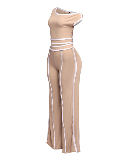 Sophisticated beige off-shoulder pant set with white contrast stripes, combining elegance and edge for a standout ensemble.