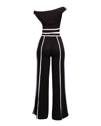 Chic and modern black-and-white off-shoulder pant set, featuring wide-leg pants for a sleek, high-fashion vibe.