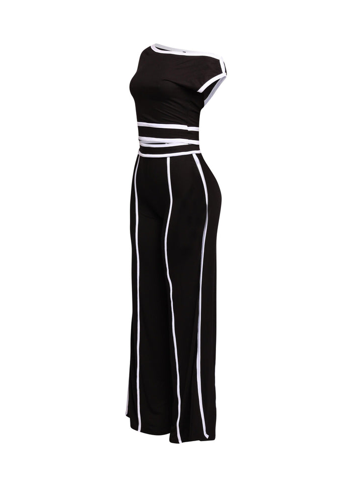 Trendy off-shoulder two-piece pant set with contrast paneling, ideal for night outs or fashion-forward events.