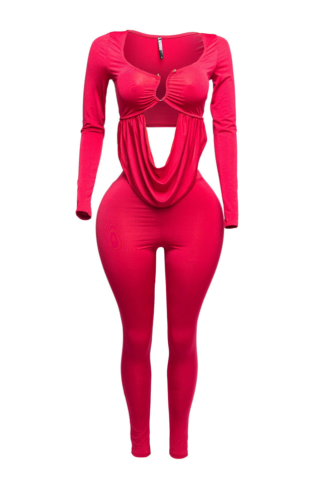 Curved U shape detailed draped front long sleeve top & leggings set - Muvin 