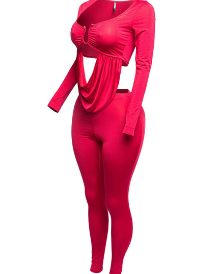 Curved U shape detailed draped front long sleeve top & leggings set - Muvin 