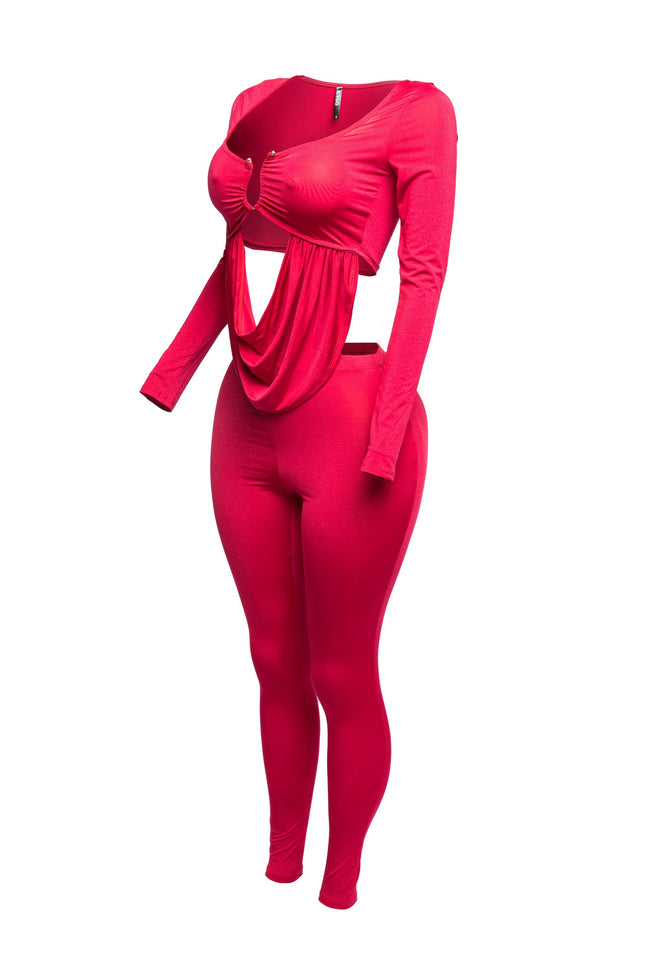 Curved U shape detailed draped front long sleeve top & leggings set - Muvin 