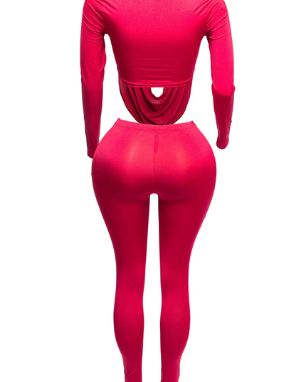 Curved U shape detailed draped front long sleeve top & leggings set - Muvin 