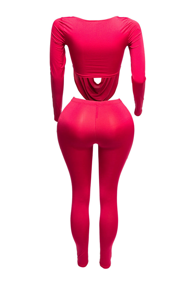 Curved U shape detailed draped front long sleeve top & leggings set - Muvin 