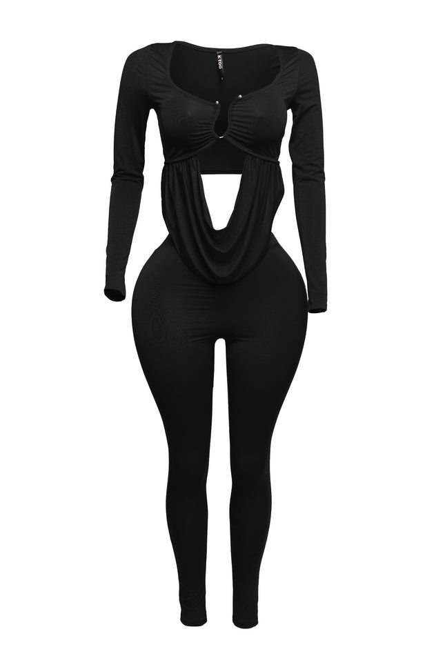 Curved U shape detailed draped front long sleeve top & leggings set - Muvin 
