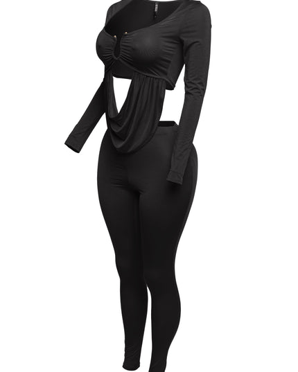Curved U shape detailed draped front long sleeve top & leggings set - Muvin 