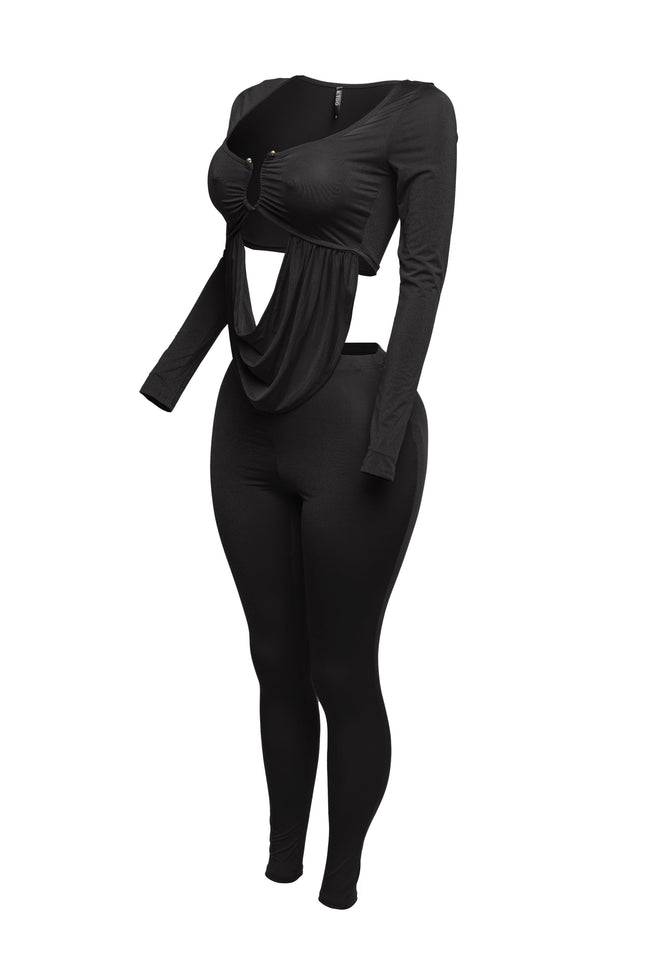 Curved U shape detailed draped front long sleeve top & leggings set - Muvin 