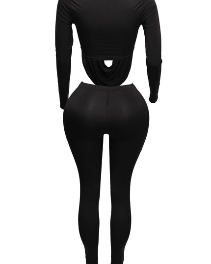 Curved U shape detailed draped front long sleeve top & leggings set - Muvin 