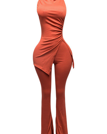 MOCK NECK SLIT TOP AND FLARE PANT SET - Muvin 
