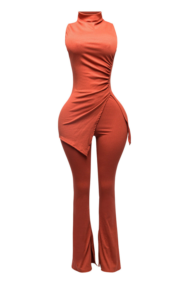 MOCK NECK SLIT TOP AND FLARE PANT SET - Muvin 