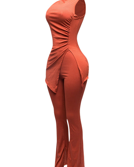 MOCK NECK SLIT TOP AND FLARE PANT SET - Muvin 