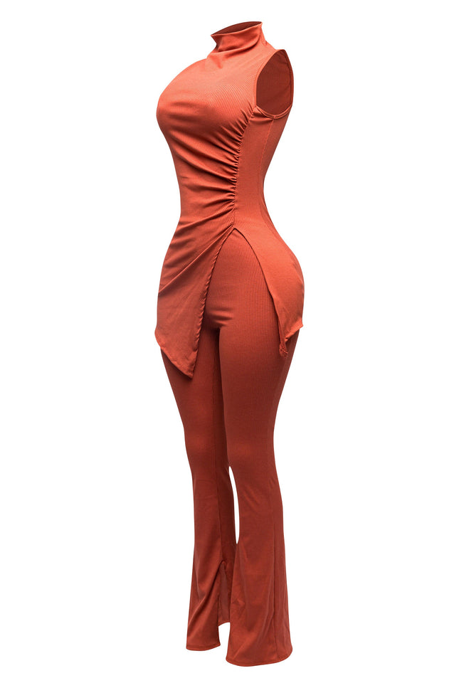 MOCK NECK SLIT TOP AND FLARE PANT SET - Muvin 