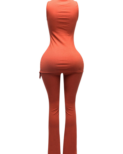 MOCK NECK SLIT TOP AND FLARE PANT SET - Muvin 