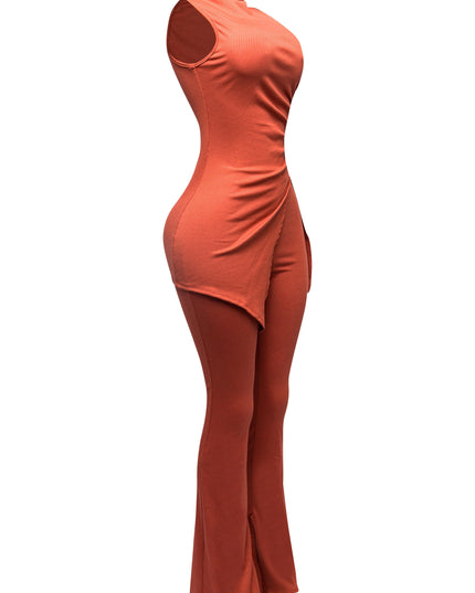 MOCK NECK SLIT TOP AND FLARE PANT SET - Muvin 