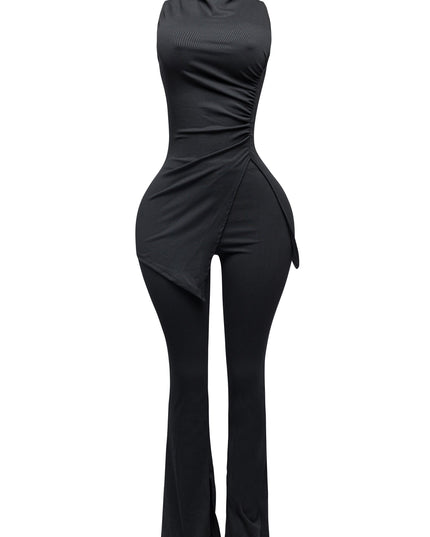 MOCK NECK SLIT TOP AND FLARE PANT SET - Muvin 