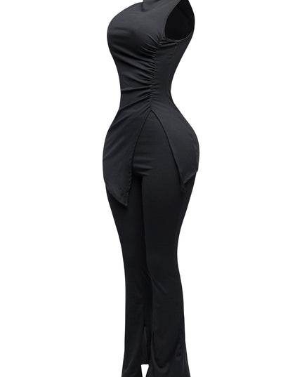 MOCK NECK SLIT TOP AND FLARE PANT SET - Muvin 