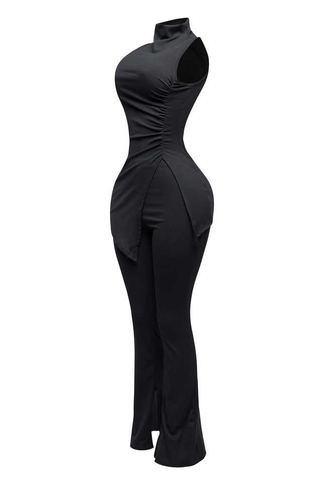 MOCK NECK SLIT TOP AND FLARE PANT SET - Muvin 