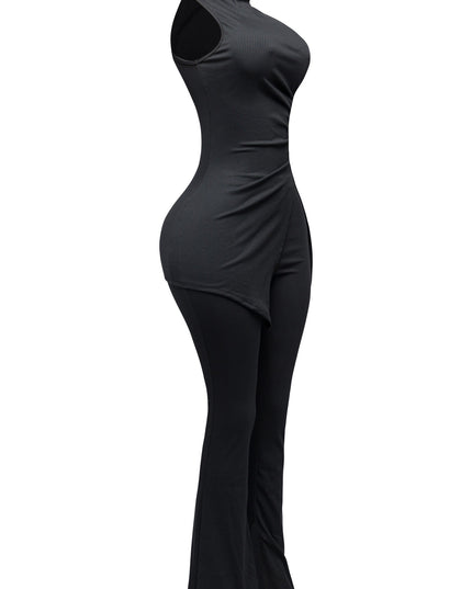 MOCK NECK SLIT TOP AND FLARE PANT SET - Muvin 