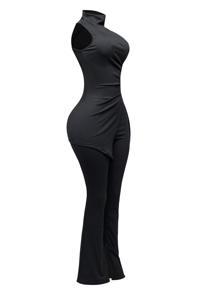 MOCK NECK SLIT TOP AND FLARE PANT SET - Muvin 