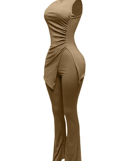 MOCK NECK SLIT TOP AND FLARE PANT SET - Muvin 