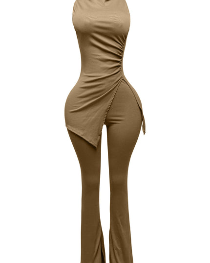 MOCK NECK SLIT TOP AND FLARE PANT SET - Muvin 