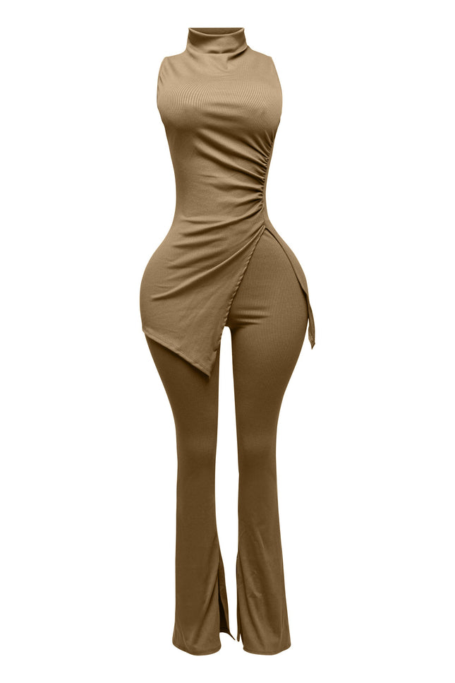 MOCK NECK SLIT TOP AND FLARE PANT SET - Muvin 