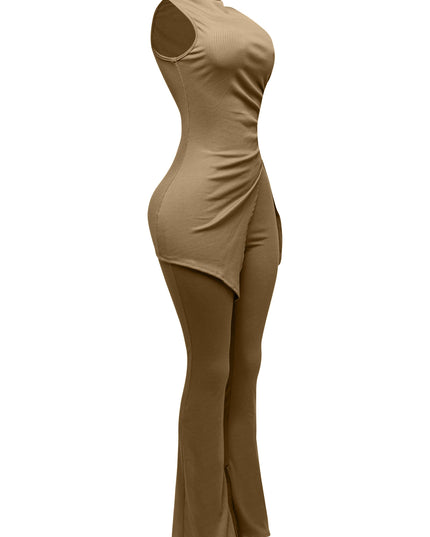 MOCK NECK SLIT TOP AND FLARE PANT SET - Muvin 