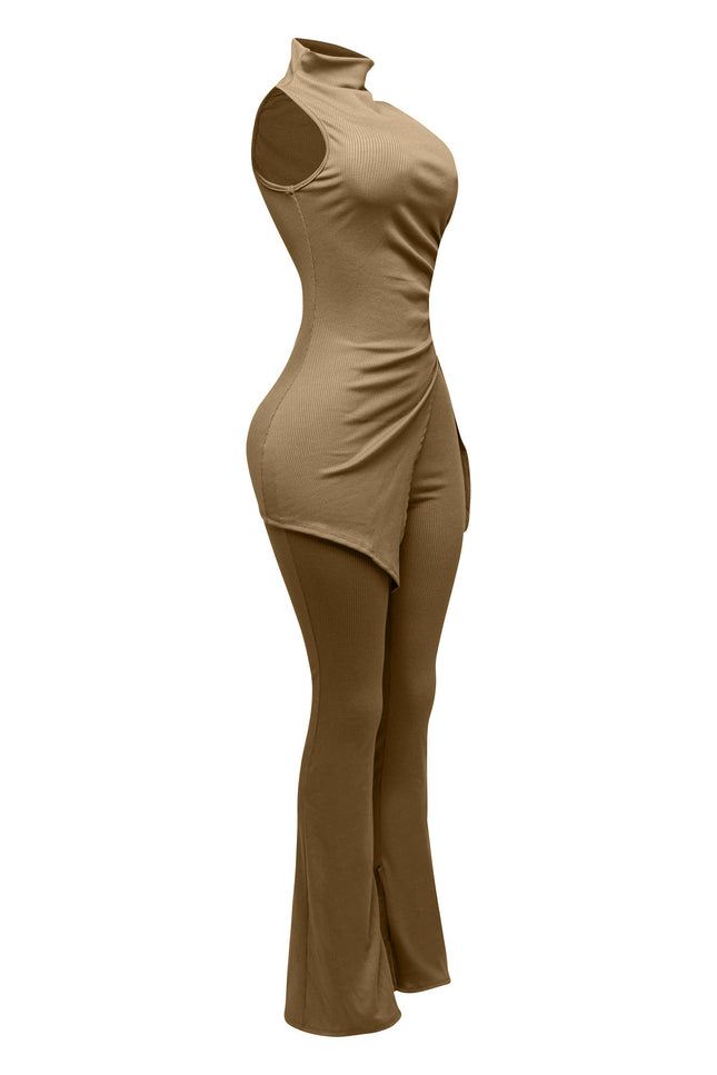 MOCK NECK SLIT TOP AND FLARE PANT SET - Muvin 