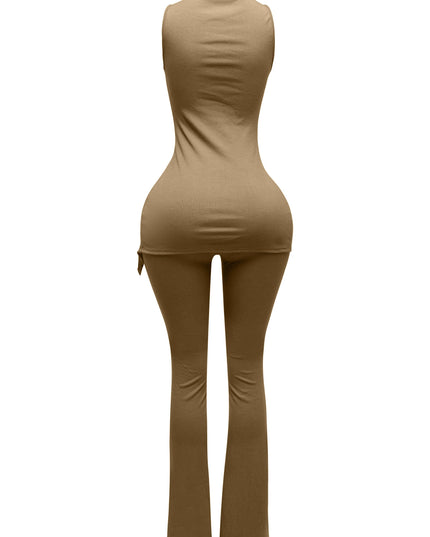 MOCK NECK SLIT TOP AND FLARE PANT SET - Muvin 
