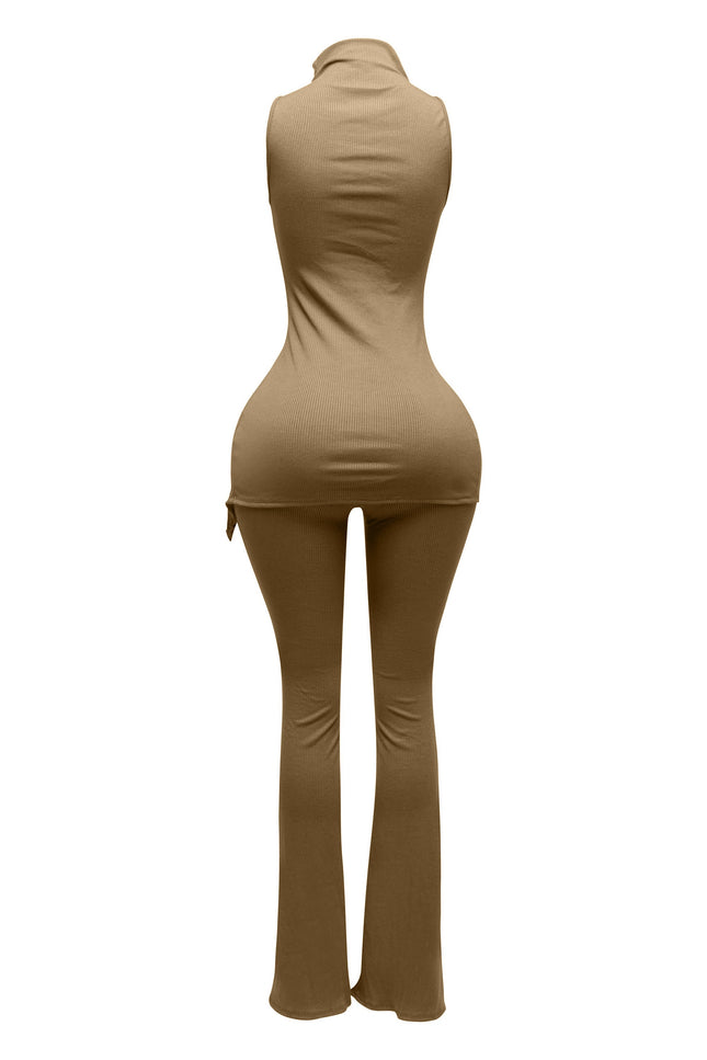 MOCK NECK SLIT TOP AND FLARE PANT SET - Muvin 