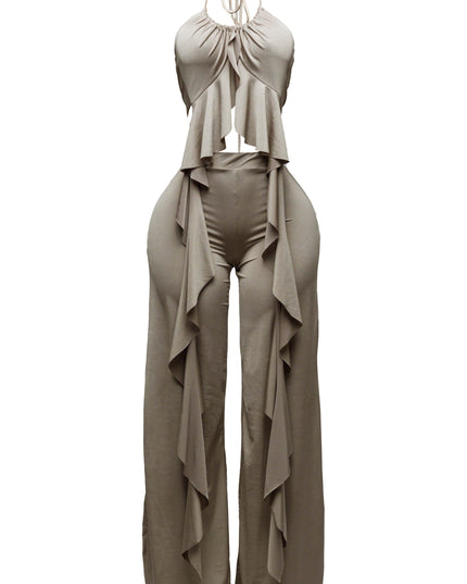 Ruffled open back tie halter top with wide leg elastic waistband pant set