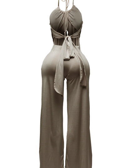 Ruffled open back tie halter top with wide leg elastic waistband pant set